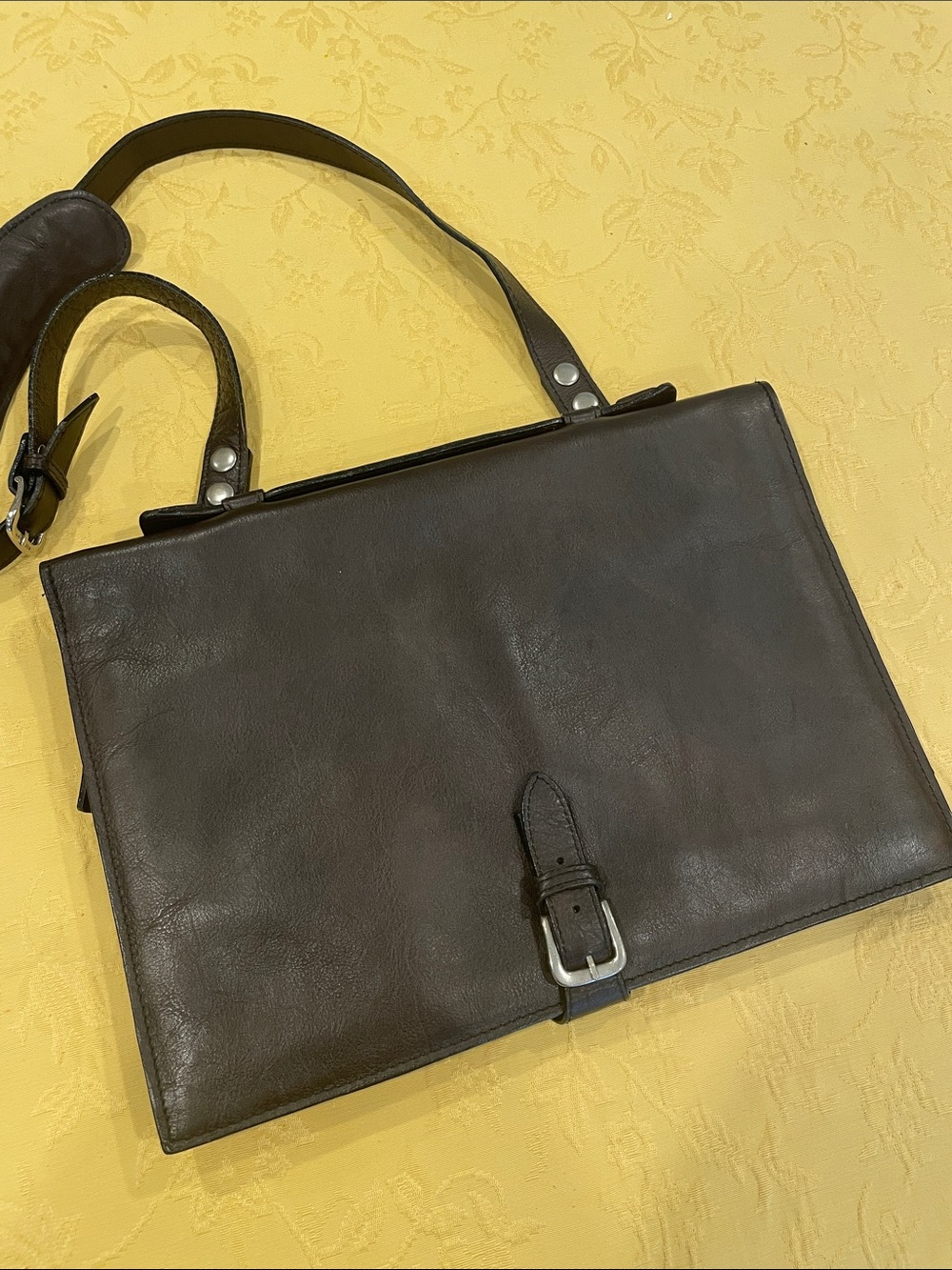 Men's Dark Brown Leather Briefcase with Adjustable Shoulder Strap